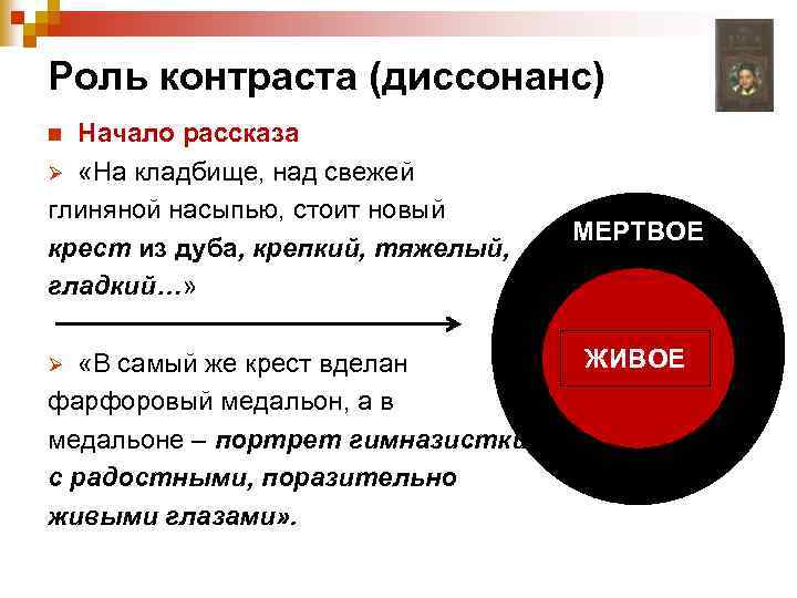 Роль контраста (диссонанс) Начало рассказа Ø «На кладбище, над свежей глиняной насыпью, стоит новый