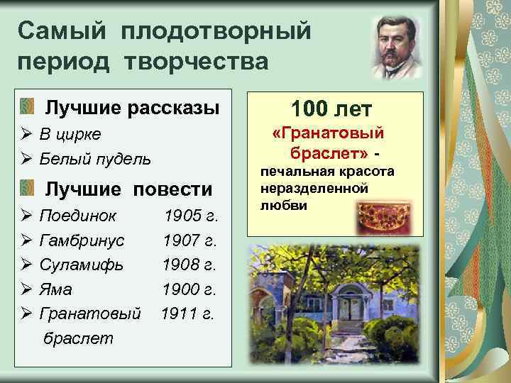 Самый плодотворный период творчества Лучшие рассказы «Гранатовый браслет» - Ø В цирке Ø Белый