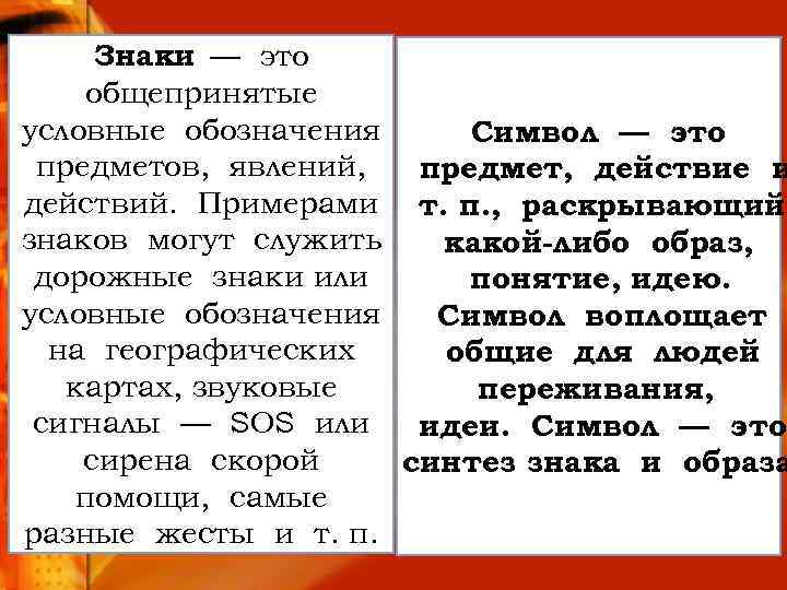 Знаки — это общепринятые условные обозначения Символ — это предметов, явлений, предмет, действие и