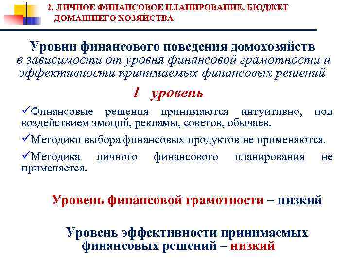 2. ЛИЧНОЕ ФИНАНСОВОЕ ПЛАНИРОВАНИЕ. БЮДЖЕТ ДОМАШНЕГО ХОЗЯЙСТВА Уровни финансового поведения домохозяйств в зависимости от