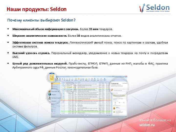 Наши продукты: Seldon Почему клиенты выбирают Seldon? § Максимальный объем информации о закупках. Более