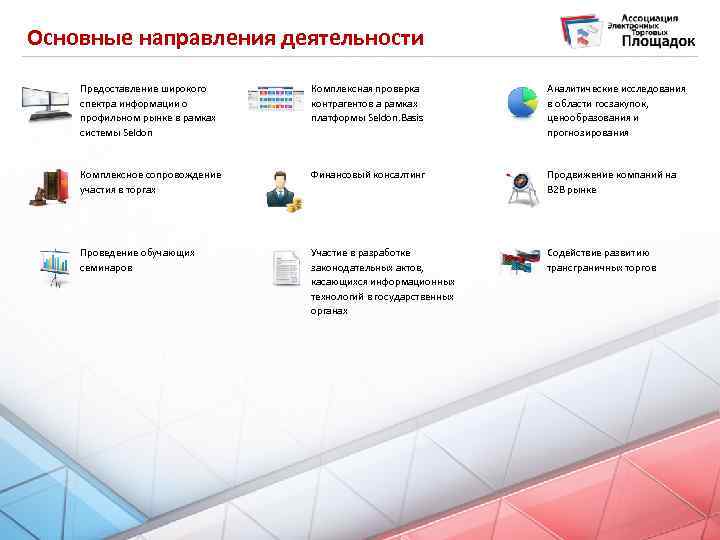 Основные направления деятельности Предоставление широкого спектра информации о профильном рынке в рамках системы Seldon