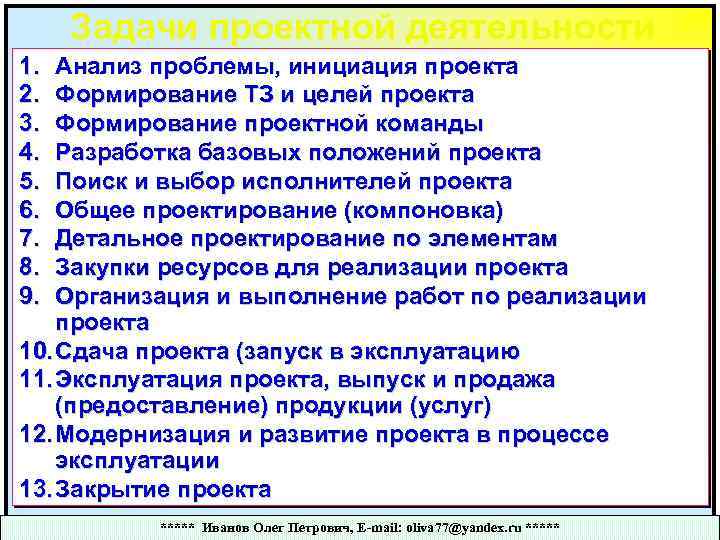 Задачи проектной деятельности 1. 2. 3. 4. 5. 6. 7. 8. 9. Анализ проблемы,