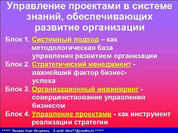 Управление проектами в системе знаний, обеспечивающих развитие организации Блок 1. Системный подход – как