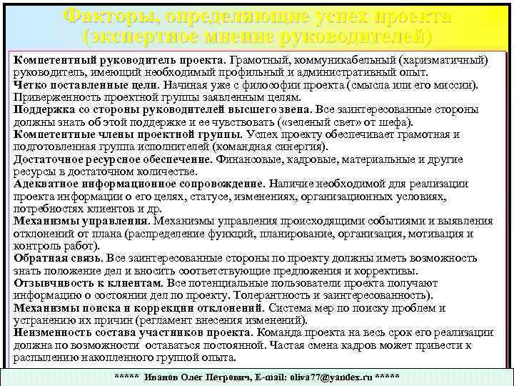 Факторы, определяющие успех проекта (экспертное мнение руководителей) Компетентный руководитель проекта. Грамотный, коммуникабельный (харизматичный) руководитель,