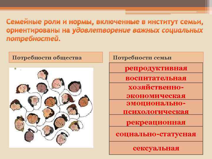 Семейные роли и нормы, включенные в институт семьи, ориентированы на удовлетворение важных социальных потребностей.