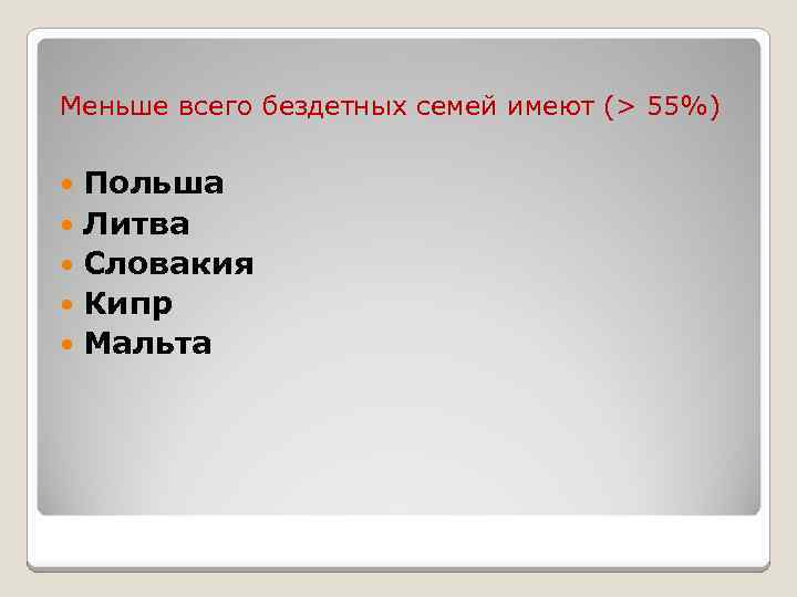 Меньше всего бездетных семей имеют (> 55%) Польша Литва Словакия Кипр Мальта 