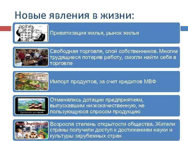 Новые явления в жизни: Приватизация жилья, рынок жилья Свободная торговля, слой собственников. Многие трудящиеся
