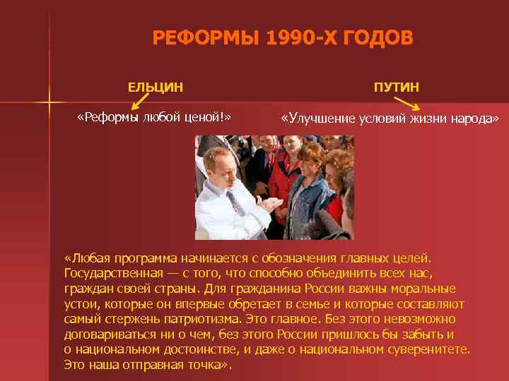  РЕФОРМЫ 1990 -Х ГОДОВ ЕЛЬЦИН «Реформы любой ценой!» ПУТИН «Улучшение условий жизни народа»