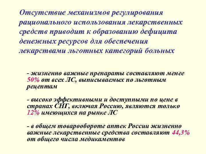Отсутствие механизмов регулирования рационального использования лекарственных средств приводит к образованию дефицита денежных ресурсов для