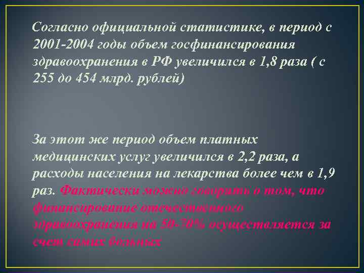 Согласно официальной статистике, в период с 2001 -2004 годы объем госфинансирования здравоохранения в РФ