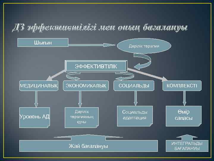 ДЗ эффективтілігі мен оның бағалануы Шығын Дәрілік терапия ЭФФЕКТИВТІЛІК МЕДИЦИНАЛЫҚ Уровень АД ЭКОНОМИКАЛЫҚ Дәрілік