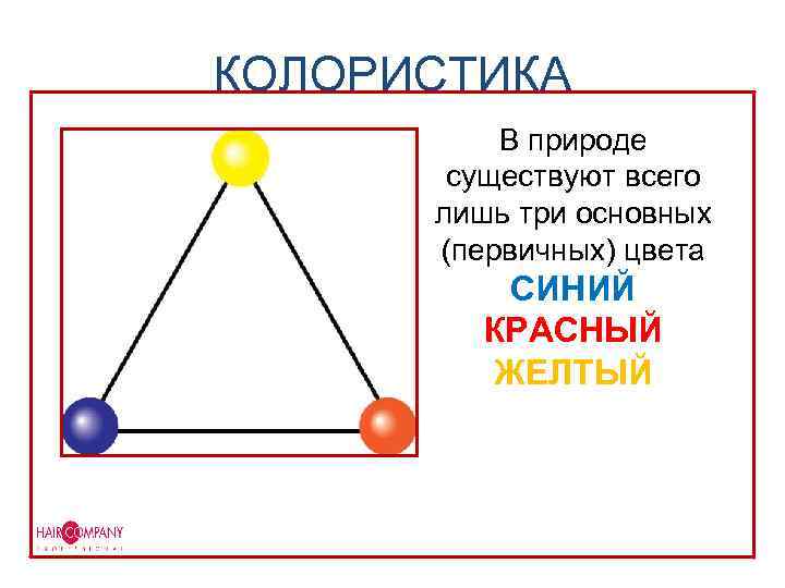 КОЛОРИСТИКА В природе существуют всего лишь три основных (первичных) цвета СИНИЙ КРАСНЫЙ ЖЕЛТЫЙ 