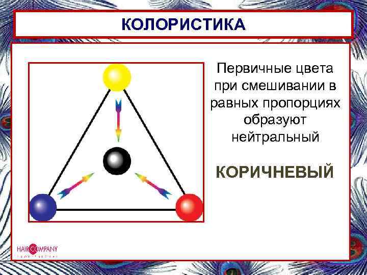 КОЛОРИСТИКА Первичные цвета при смешивании в равных пропорциях образуют нейтральный КОРИЧНЕВЫЙ 
