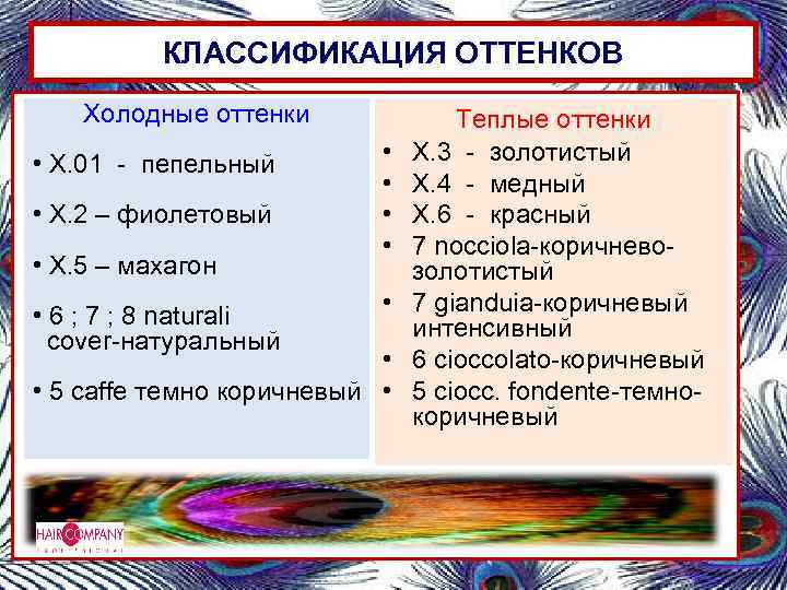 КЛАССИФИКАЦИЯ ОТТЕНКОВ Холодные оттенки • Х. 01 - пепельный • Х. 2 – фиолетовый