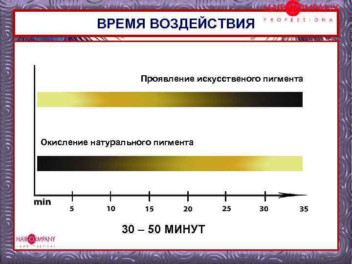 ВРЕМЯ ВОЗДЕЙСТВИЯ Проявление иcкусcтвеного пигмента Окисление натурального пигмента 30 – 50 МИНУТ 