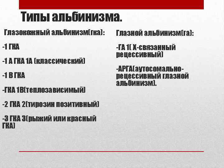 Типы альбинизма. Глазокожный альбинизм(гка): Глазной альбинизм(га): -1 ГКА -ГА 1( Х-связанный рецессивный) -1 А