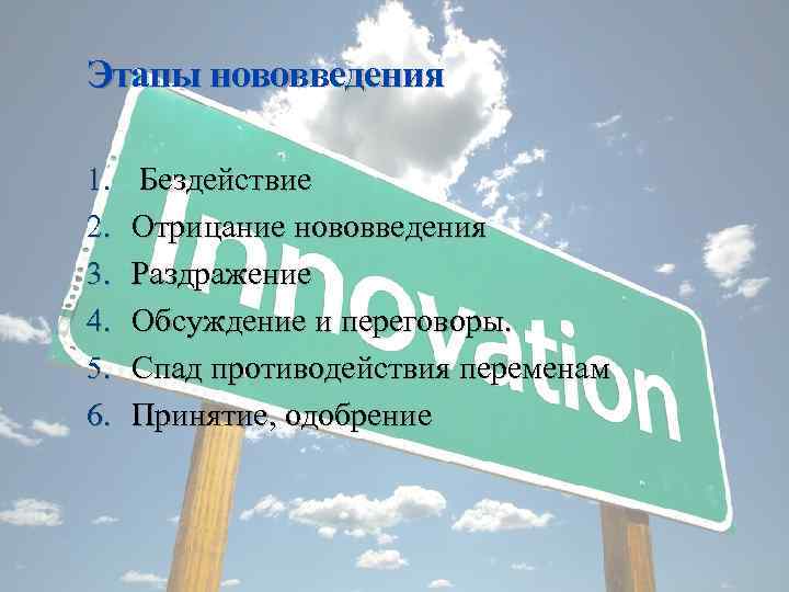 Этапы нововведения 1. 2. 3. 4. 5. 6. Бездействие Отрицание нововведения Раздражение Обсуждение и