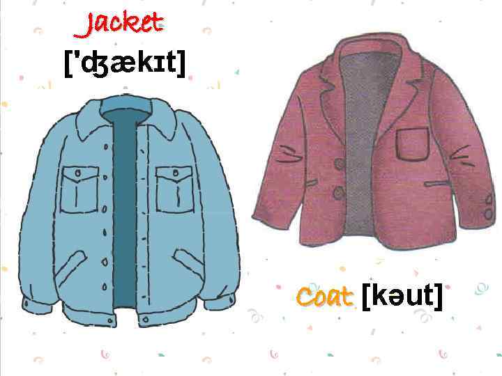 Jacket ['ʤækɪt] Coat [kəut] 