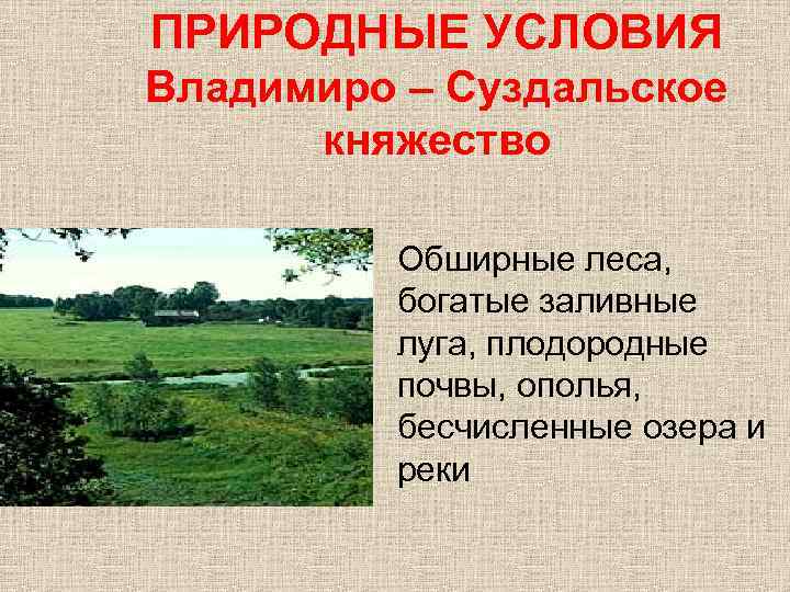 ПРИРОДНЫЕ УСЛОВИЯ Владимиро – Суздальское княжество Обширные леса, богатые заливные луга, плодородные почвы, ополья,