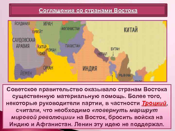 Соглашения со странами Востока Советское правительство оказывало странам Востока существенную материальную помощь. Более того,