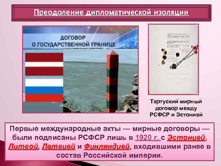 Преодоление дипломатической изоляции Тартуский мирный договор между РСФСР и Эстонией Первые международные акты —