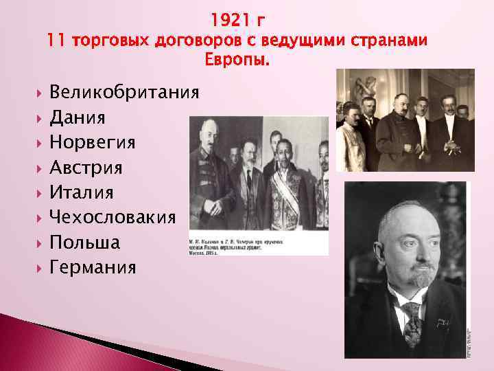 1921 г 11 торговых договоров с ведущими странами Европы. Великобритания Дания Норвегия Австрия Италия