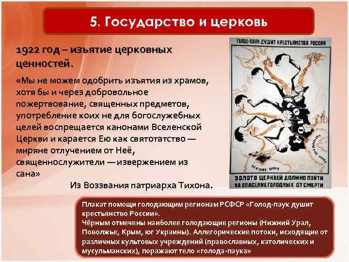 5. Государство и церковь 1922 год – изъятие церковных ценностей. «Мы не можем одобрить