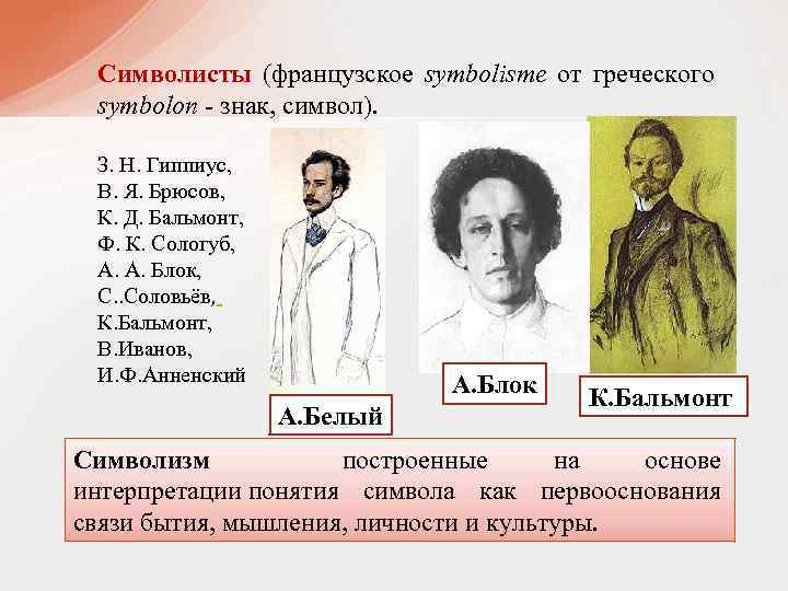 Символисты (французское symbolisme от греческого symbolon - знак, символ). З. Н. Гиппиус, В. Я.