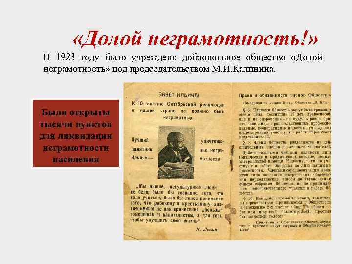  «Долой неграмотность!» В 1923 году было учреждено добровольное общество «Долой неграмотность» под председательством