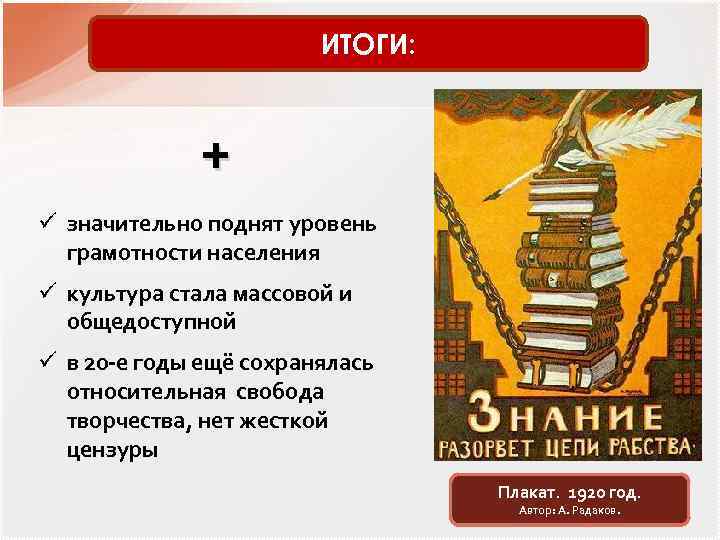 ИТОГИ: + ü значительно поднят уровень грамотности населения ü культура стала массовой и общедоступной