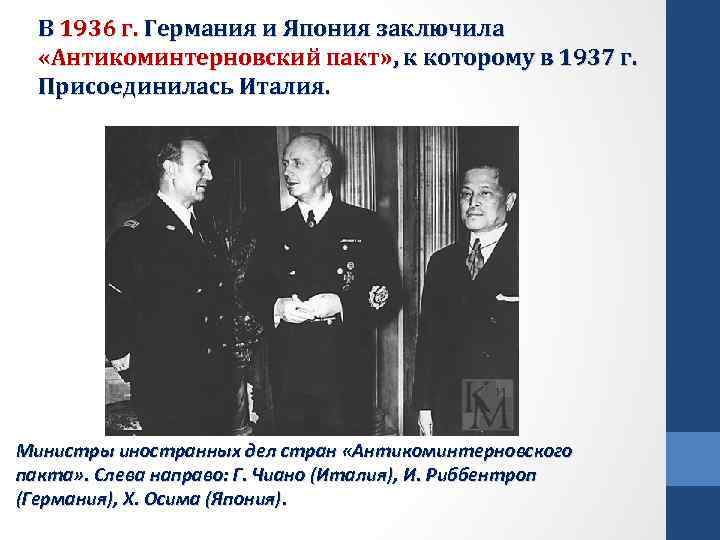 В 1936 г. Германия и Япония заключила «Антикоминтерновский пакт» , к которому в 1937
