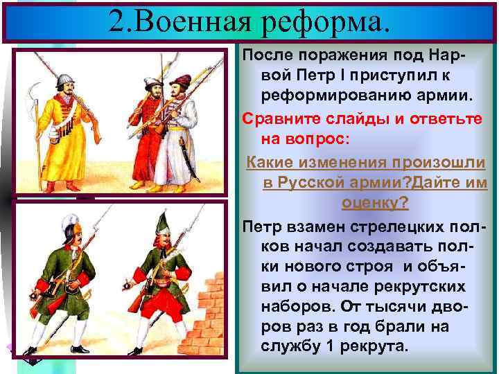 2. Военная реформа. Меню После поражения под Нарвой Петр I приступил к реформированию армии.
