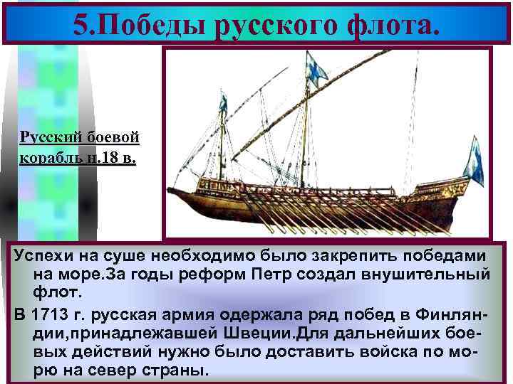 Меню 5. Победы русского флота. Русский боевой корабль н. 18 в. Успехи на суше