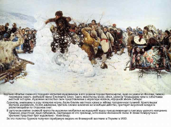 Картина «Взятие снежного городка» написана художником в его родном городе Красноярске, куда он уехал