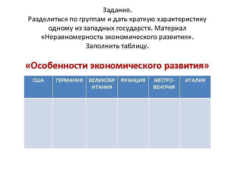 Задание. Разделиться по группам и дать краткую характеристику одному из западных государств. Материал «Неравномерность