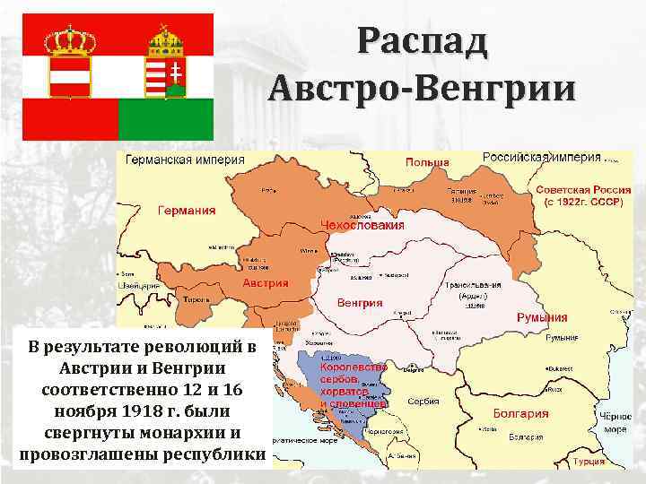 Распад Австро-Венгрии В результате революций в Австрии и Венгрии соответственно 12 и 16 ноября