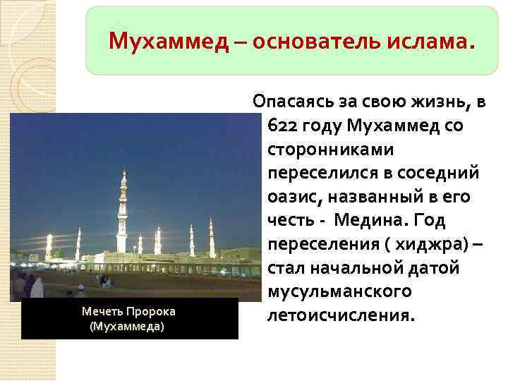 Мухаммед – основатель ислама. Мечеть Пророка (Мухаммеда)) Опасаясь за свою жизнь, в 622 году