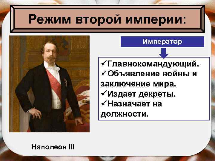 Режим второй империи: Император üГлавнокомандующий. üОбъявление войны и заключение мира. üИздает декреты. üНазначает на