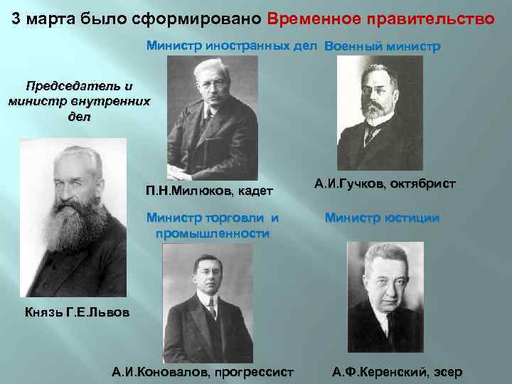 3 марта было сформировано Временное правительство Министр иностранных дел Военный министр Председатель и министр