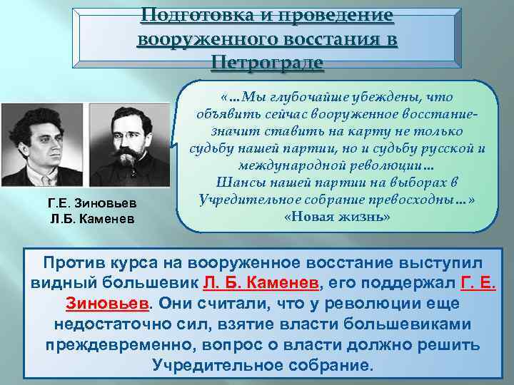 Подготовка и проведение вооруженного восстания в Петрограде Г. Е. Зиновьев Л. Б. Каменев «…Мы