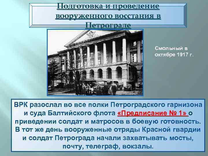 Подготовка и проведение вооруженного восстания в Петрограде Смольный в октябре 1917 г. ВРК разослал