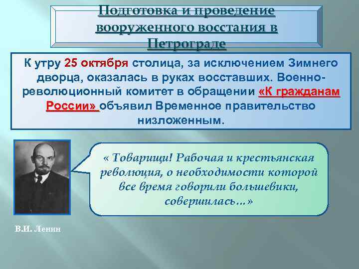 Подготовка и проведение вооруженного восстания в Петрограде К утру 25 октября столица, за исключением