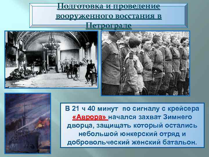 Подготовка и проведение вооруженного восстания в Петрограде В 21 ч 40 минут по сигналу