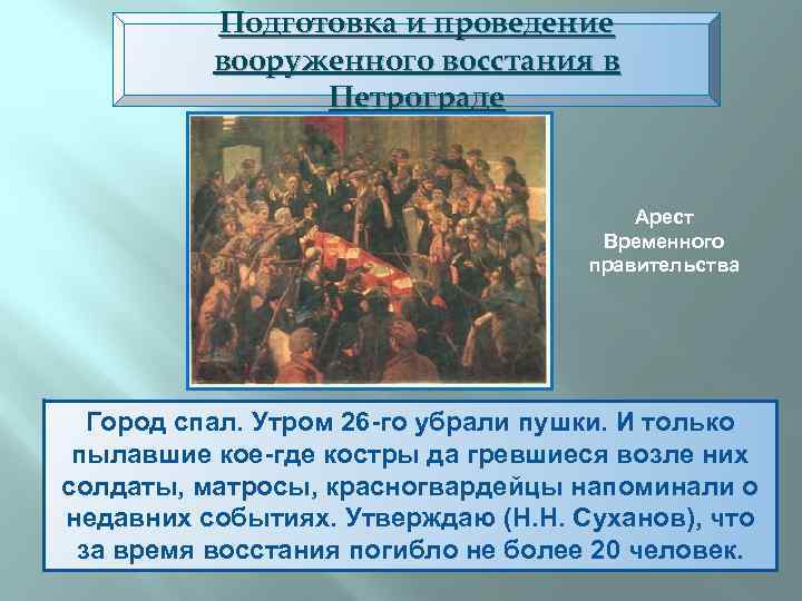 Подготовка и проведение вооруженного восстания в Петрограде Арест Временного правительства Город спал. Утром 26