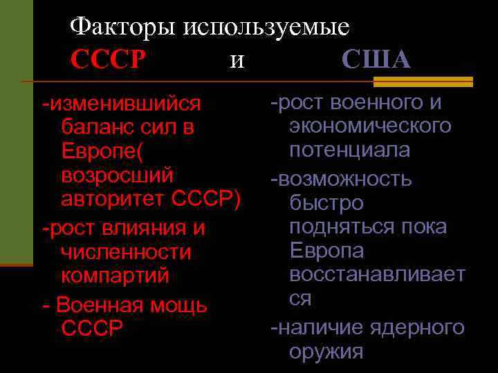 Факторы используемые СССР и США -изменившийся баланс сил в Европе( возросший авторитет СССР) -рост