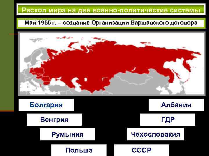 Раскол мира на две военно-политические системы Май 1955 г. – создание Организации Варшавского договора