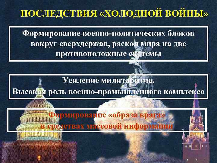 ПОСЛЕДСТВИЯ «ХОЛОДНОЙ ВОЙНЫ» Формирование военно-политических блоков вокруг сверхдержав, раскол мира на две противоположные системы