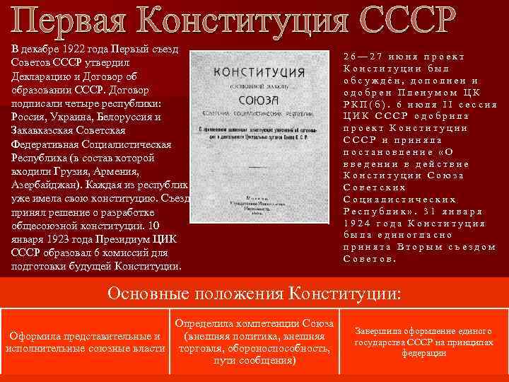 Первая Конституция СССР В декабре 1922 года Первый съезд Советов СССР утвердил Декларацию и
