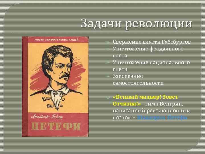 Задачи революции Свержение власти Габсбургов Уничтожение феодального гнета Уничтожение национального гнета Завоевание самостоятельности «Вставай